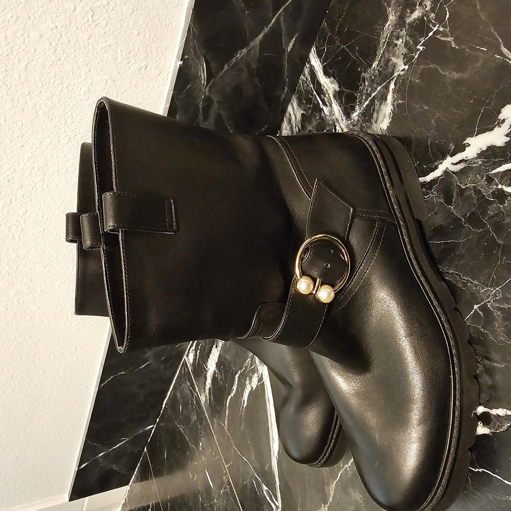 Stuart Weitzman Black Leather Boots with Pearl Buckle - Picture 7 of 8
